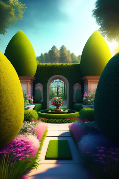 Бесплатное фото Сад с фонтаном и сад с зеленым домиком и деревьями.