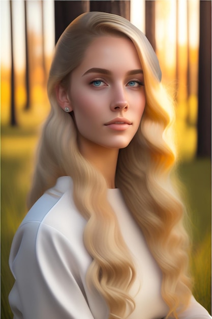 Бесплатное фото Девушка в лесу с золотым закатом