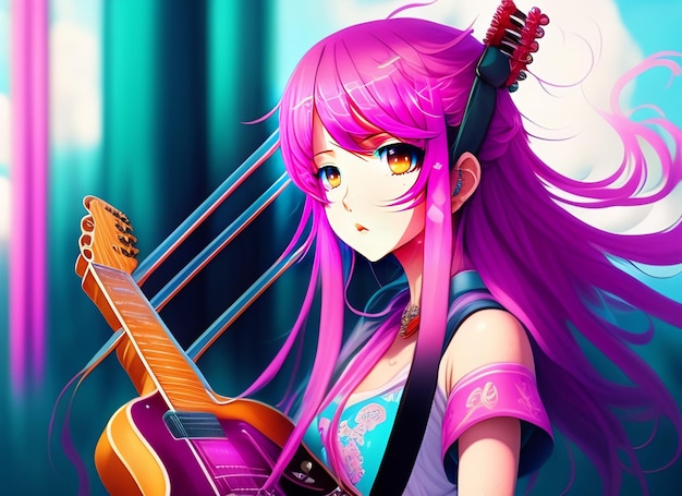 無料写真 紫色の髪とギターを手にした少女。