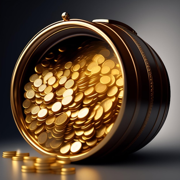 Бесплатное фото Кувшин для золотых монет с золотыми монетами на нем