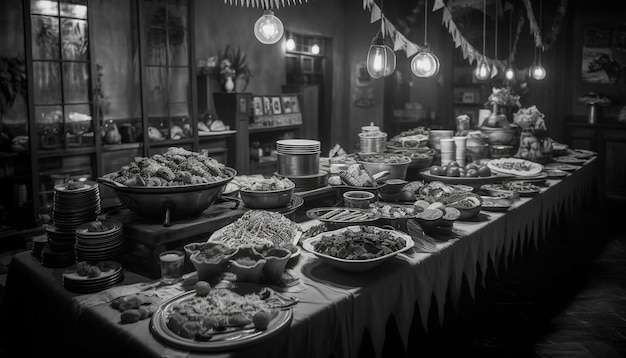 Бесплатное фото Изысканная еда на черно-белой тарелке в помещении, созданная искусственным интеллектом
