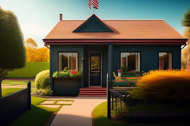 無料写真 赤い屋根と黒いドアに「ホーム スイート ホーム」と書かれた白い看板の家