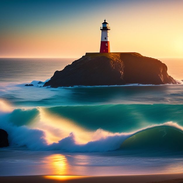 無料写真 灯台は海の岩の上にあり、その後ろに太陽が沈んでいます。