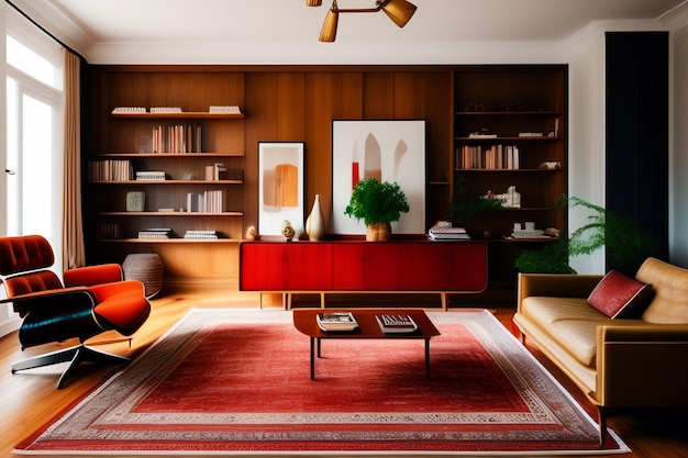 無料写真 赤いソファ、コーヒー テーブル、写真が飾られた本棚のあるリビング ルーム。