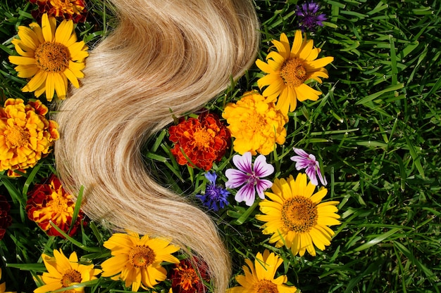 Прядь светлых волос среди цветов на зеленой траве. концепция здоровья волос натуральный ингредиент ... Premium Фотографии