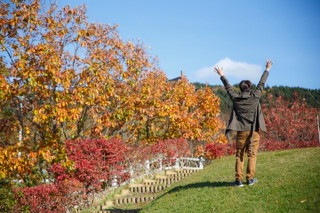 Человек руки вверх и ходьба по склону с красным желтым деревом в осенний сезон.