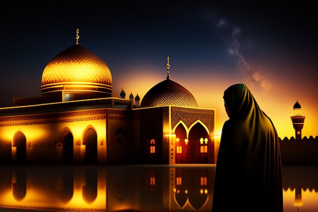 Бесплатное фото Мусульманка стоит перед мечетью