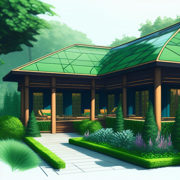 Бесплатное фото Картина дома с зеленой крышей и зеленой крышей.