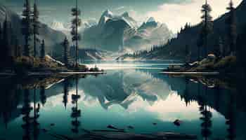 無料写真 山を背景にした山の湖の絵