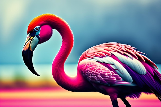 Бесплатное фото Розовый фламинго на голубом фоне и слово фламинго на нем