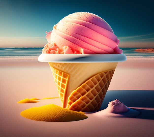 無料写真 縁が黄色のピンクのアイス クリーム コーンがビーチに置かれています。