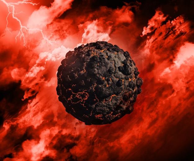 Бесплатное фото 3d визуализации вулканического шара с в грозовое небо с осветления