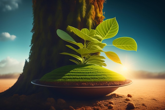 Бесплатное фото Тарелка с растением, на котором написано слово «дерево».