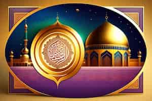 Бесплатное фото Плакат исламского фестиваля света с мечетью и золотым фоном.