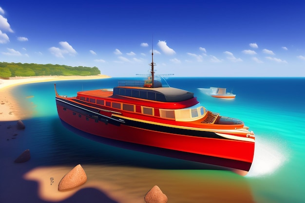 Бесплатное фото Красная лодка пришвартована в воде на фоне пляжа.