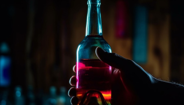 Бесплатное фото Рука ученого наливает спирт в стакан для исследований, созданных ии