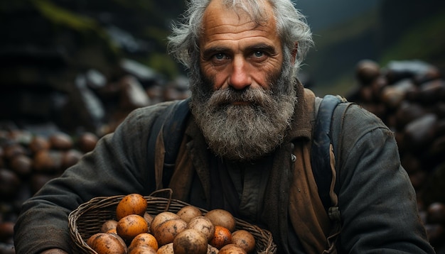 Бесплатное фото Старший фермер, работающий на открытом воздухе, собирающий органические овощи с улыбкой, созданной искусственным интеллектом