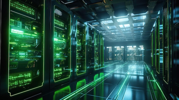 Бесплатное фото Серверная комната с зеленым светом, указывающим на энергоэффективность.