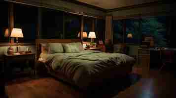Бесплатное фото Мягко освещенная спальня ночью при свете лампы