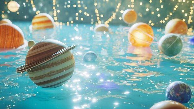무료 사진 떠다니는 행성과 별이 빛나는 장식을 갖춘 우주 테마 수영 이벤트