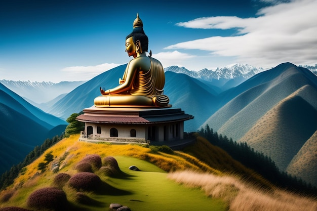 Бесплатное фото Статуя будды сидит на холме в горах