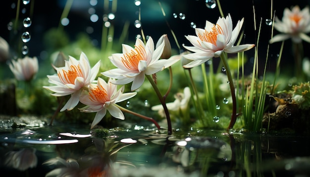 Бесплатное фото Спокойная сцена с изображением одного цветка лотоса в пруду, созданная искусственным интеллектом.