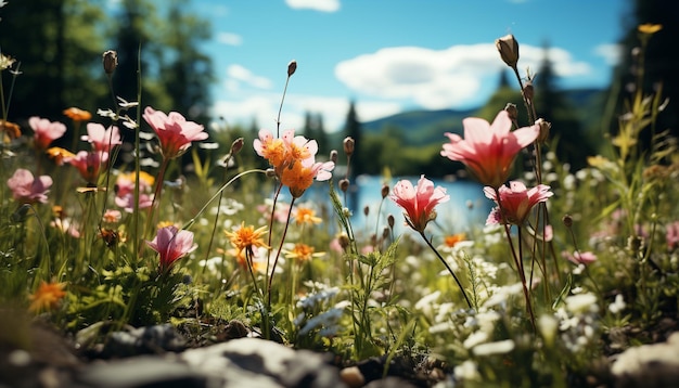 無料写真 人工知能によって生成された夏の太陽の下で活気のある野花の草原がいています