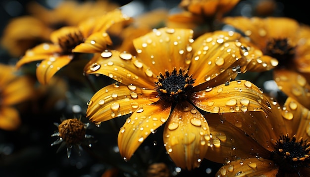 Бесплатное фото Яркий желтый цветок, мокрый от росы в природе, созданный искусственным интеллектом.