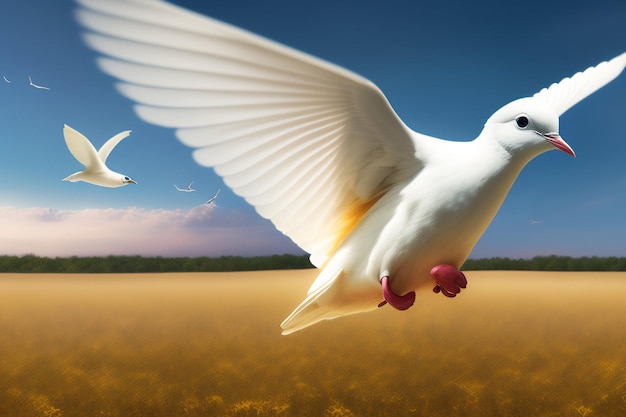 무료 사진 하얀 비둘기 한 마리가 풀밭과 푸른 하늘 앞에 날아갑니다.