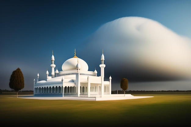 Бесплатное фото Белая мечеть с большим облаком на заднем плане