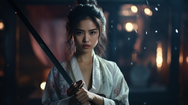 Бесплатное фото Женщина в кимоно с мечом в руке