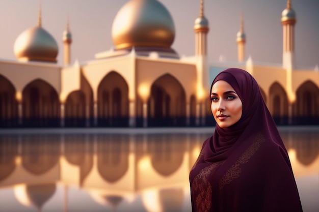 Бесплатное фото Женщина в темно-бордовом хиджабе стоит перед мечетью.