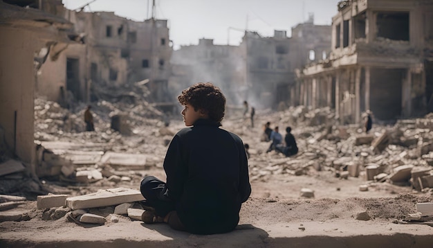 무료 사진 한 소년 이 파괴 된 건물 의 폐허 앞 에 앉아 있다