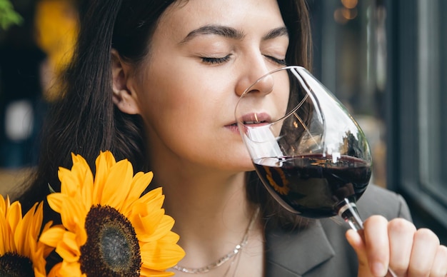 무료 사진 레스토랑에서 와인 한 잔과 해바라기 꽃다발을 들고 있는 젊은 여성