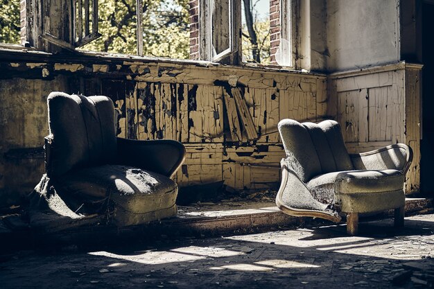 Abandoned house with two worn-out sofas and broken windows during daytime