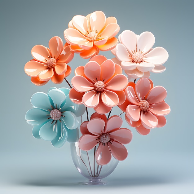 투명한 꽃병에 추상 3d 꽃