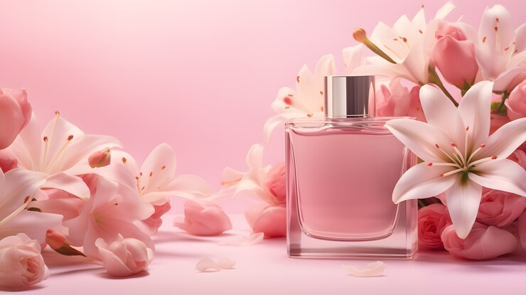 Free Photo abstract 3d flowers with perfume bottle
