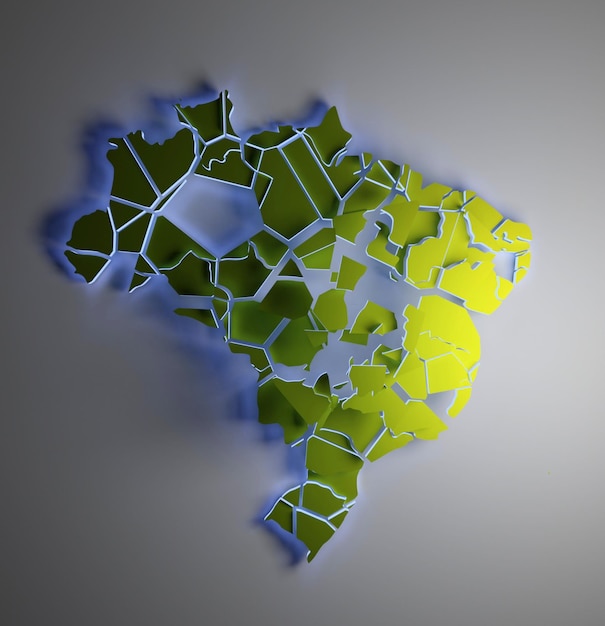 暗い中で青い光に照らされた断片に分割されたブラジルの地図の抽象的な3dイラスト Premium写真