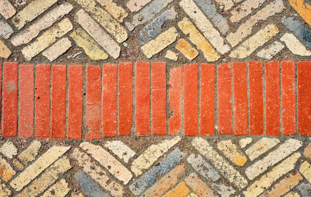 Abstract background from old brick ceramic cobblestone top view Old paths laid out in geometric patterns on granite chips The idea of wallpaper for a table or a screensaver for advertising