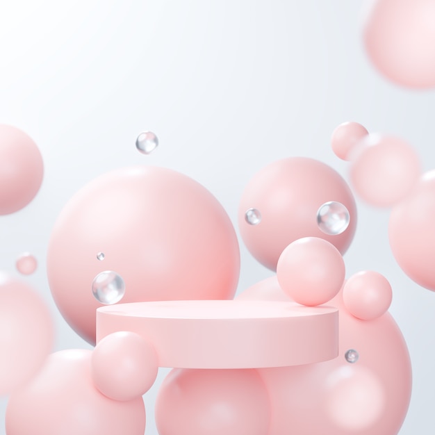 Abstract balls on pink pastel background minimalist podium for showcase or cosmetic product present