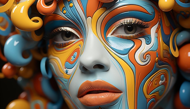 Абстрактная красота ярких цветов разноцветная маска на лице молодой женщины, созданная искусственным интеллектом