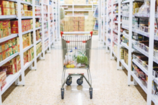 Abstract blur shopping cart in supermarket grocery store background