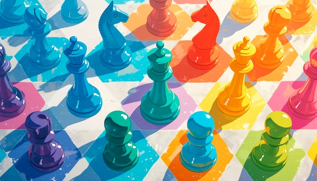 Abstract chess pieces in digital art style