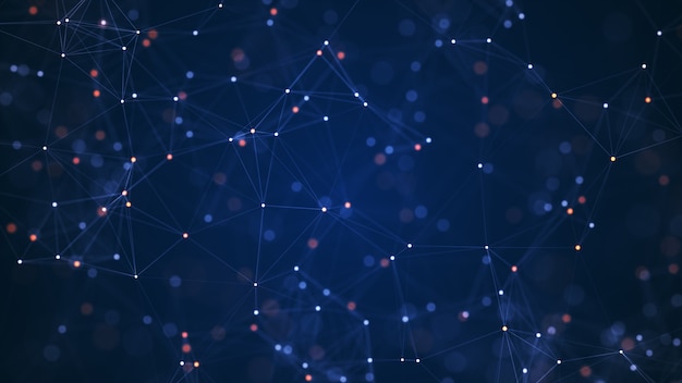 Аннотация подключенных точек и линий на синем фоне. концепция сети связи и технологии с движущимися линиями и точками.