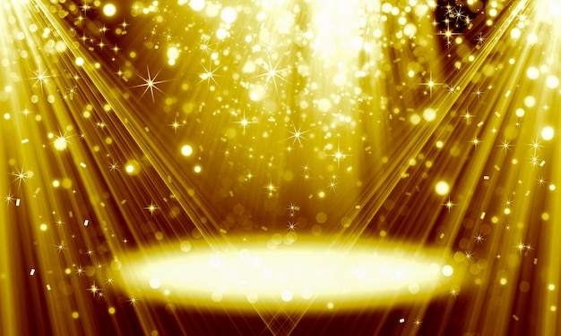 반짝이는 보케 입자와 밝은 광선으로 만든 추상 축제 황금 배경 프리미엄 사진