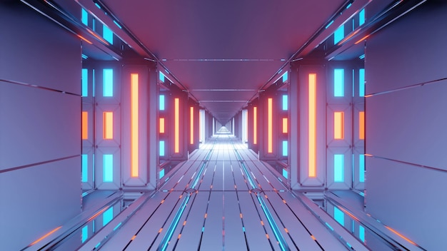 Abstract futuristic corridor with glowing blue and orange lights
