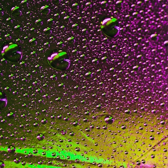 Абстрактная зеленая и фиолетовая влажная текстура с пузырями на поверхности оконного стекла