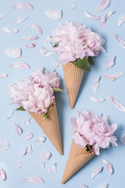 Abstract ice cream with bouquet of flowers top view