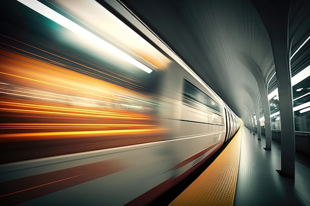 Foto gratuita sfocatura movimento astratta del treno ad alta velocità nella moderna stazione della metropolitana