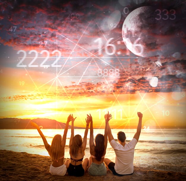 Abstract numerology concept with friends at beach